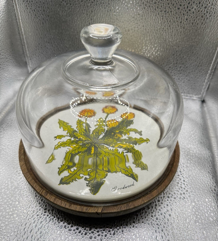 Goodwood Glass Cloche Cake Stand w/ Lid, Dark Brown Wood Base Floral