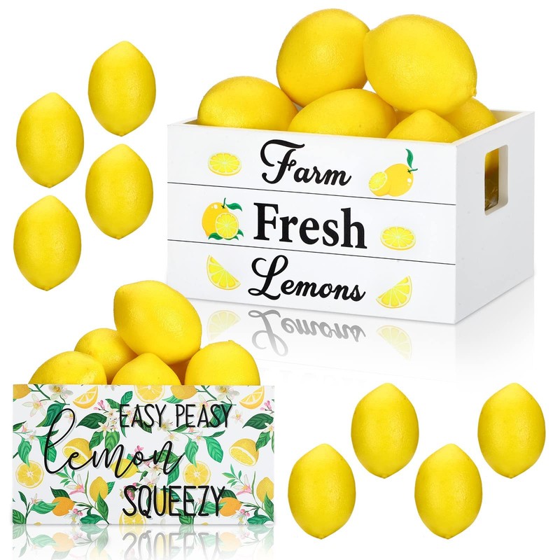 Marsui Lemon Decor Set Mini Wooden Crate with 8 Fake for Style