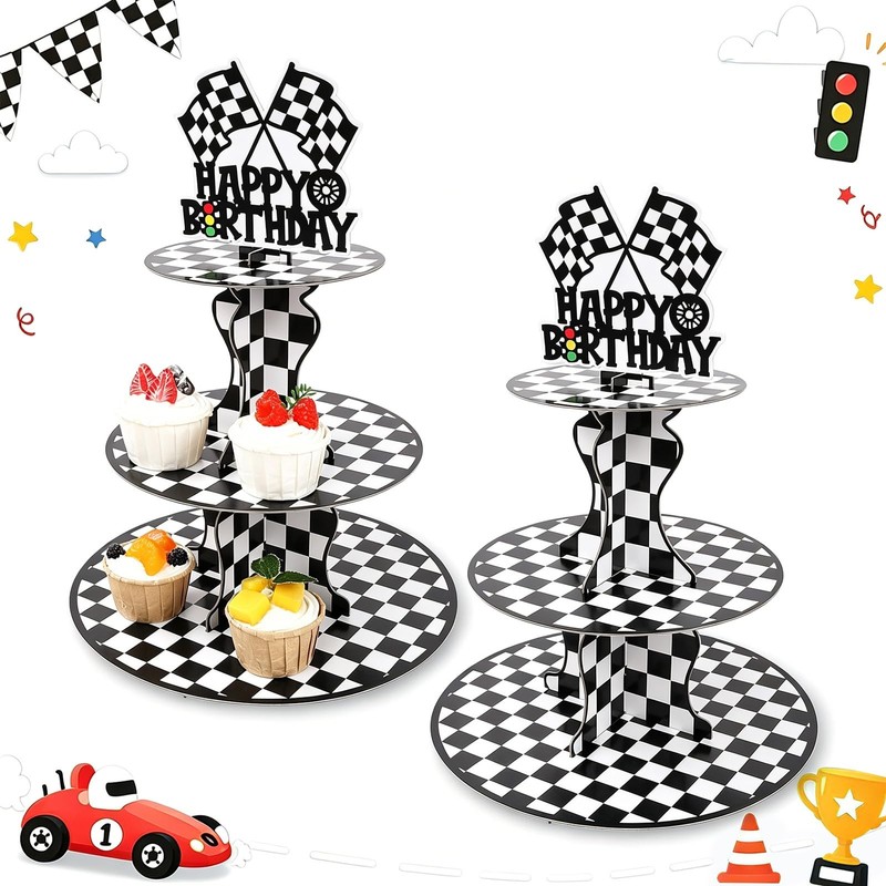 3 Tier Race Car Cupcake Stand – 2pcs Racing Car Theme Birthday Party Decorati…