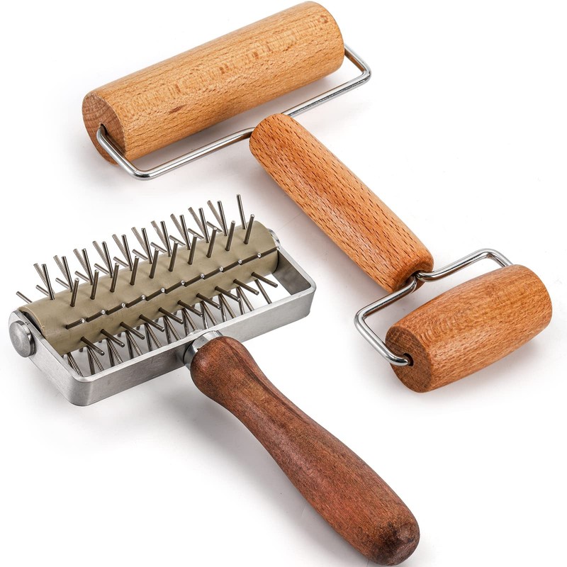 Hiceeden Set of 2 Pizza Dough Roller & Docker, Stainless Wood-color