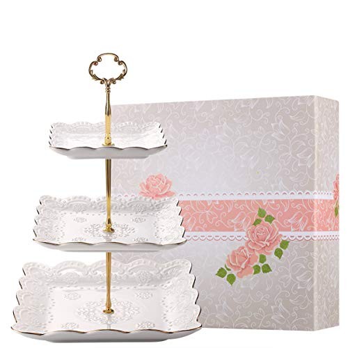3-Tier Porcelain Cake Stand - White Rimmed with Gold Embossed Cupcakes gallery