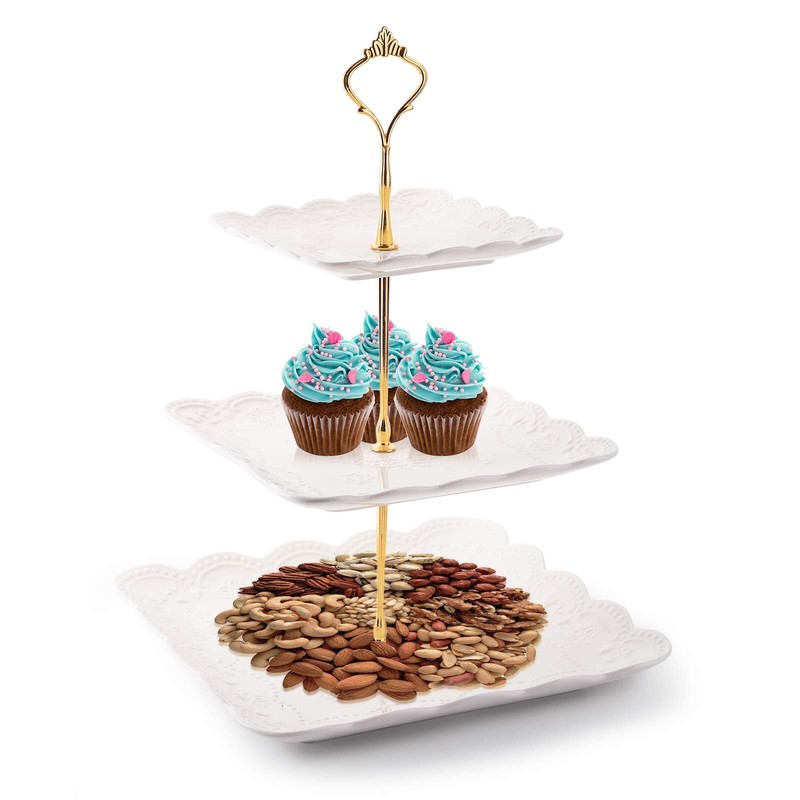 2 Pack 3tier White Ceramic Embossed Dessert Cake Tower Stand With Gold Carry Han gallery