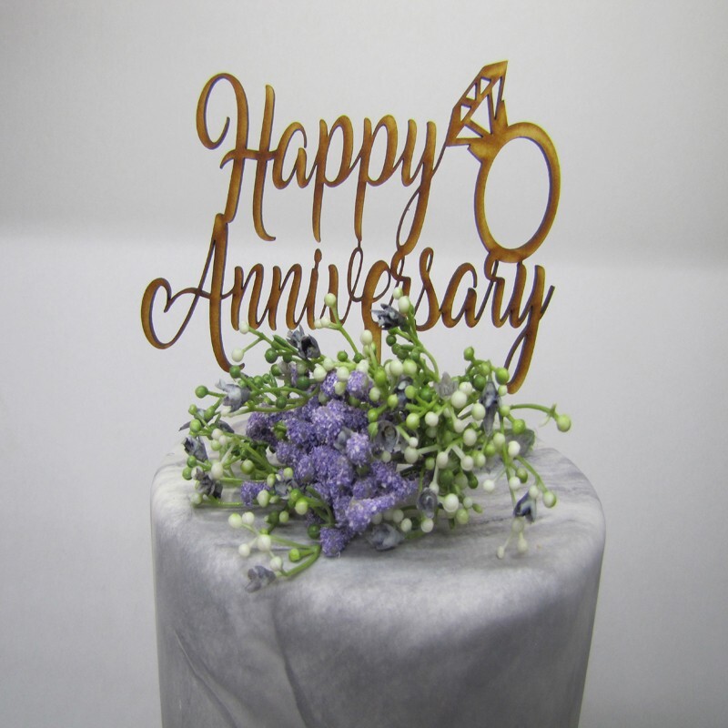Wooden MDF Laser Cut Happy Anniversary with Ring Cake Topper