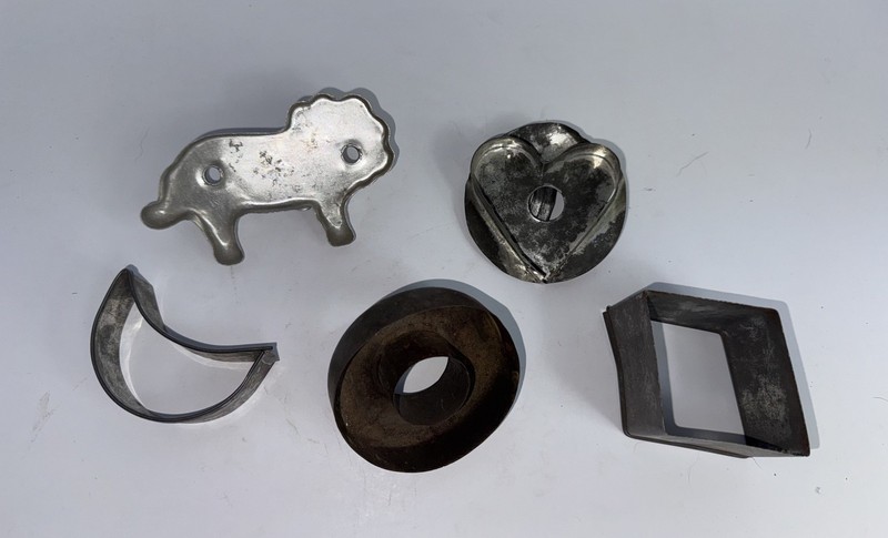 Vintage Metal Cookie Cutters Set of 6 – Lamb, Heart, Moon, Circle, Square Shapes