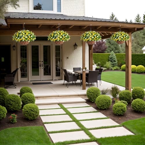 Artificial Hanging Flowers with 12" Basket for Outdoor Decor, Faux B-yellow gallery