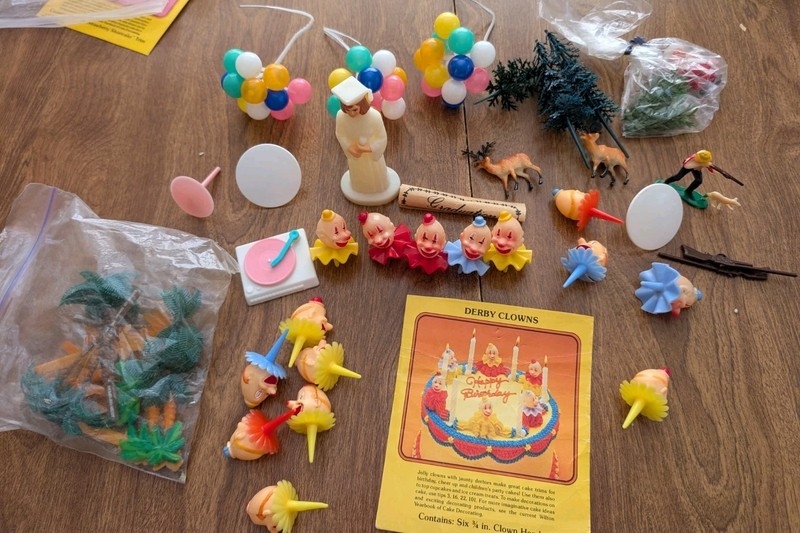 Lot of 1980s Vintage cake toppers. Derby clowns, balloons and forest
