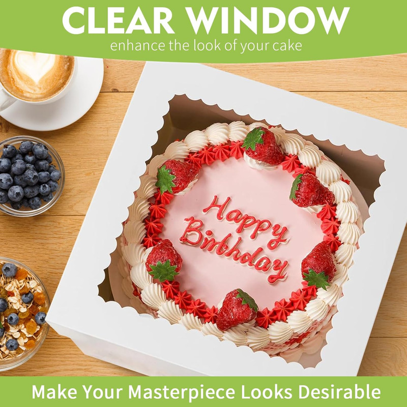 10 Pcs Cake Boxes, 12X12X8 Inch Tall Cake Box with Clear Window, White Cardboard gallery