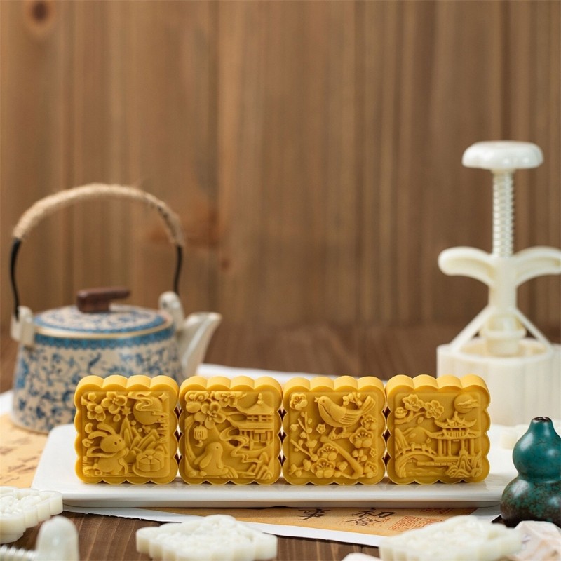 Square Mooncakes Press Molds Set 4Pcs Cultural Pattern 75g Baking gallery