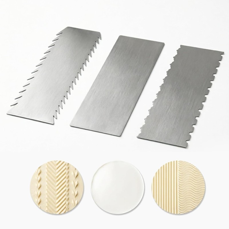 3 Pcs Stainless Steel Cake Scraper Set 8.7 Inch Chevron Fir-Tree Double-Sided
