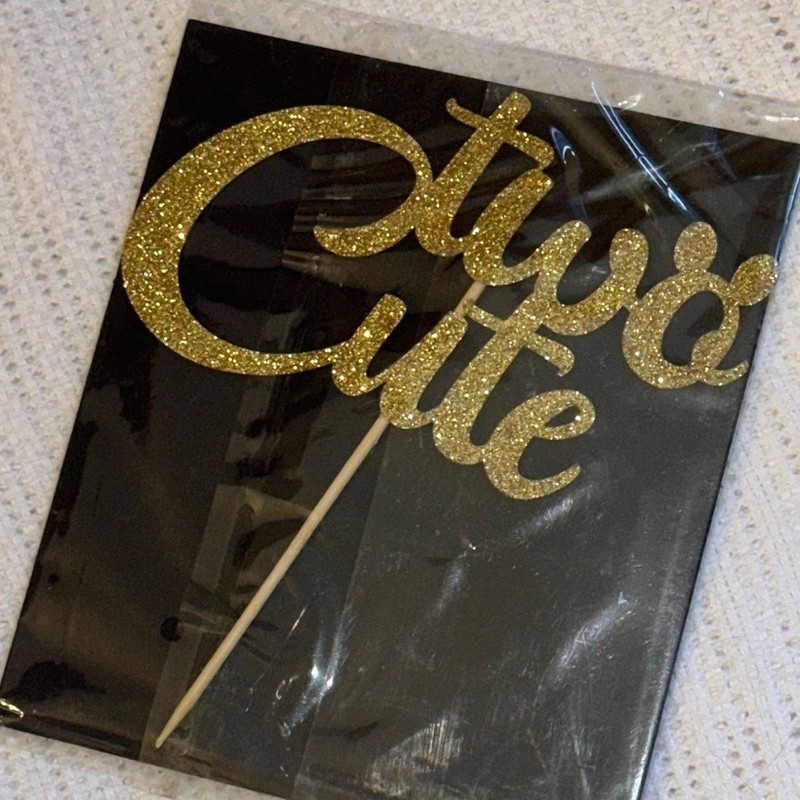 Cake Topper Gold Glitter ‘Two Cute’ Second Birthday Mickey Minnie Ears Disney