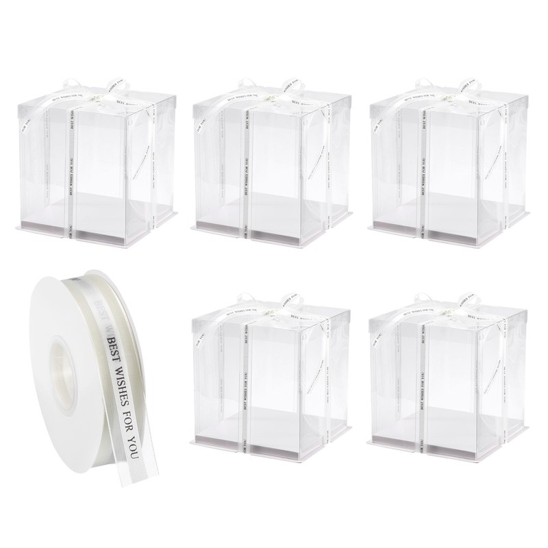 Clear Cake Box with Ribbon, 5Pcs 9″x9″x9″ for 6 Inch Cake Packing (White)