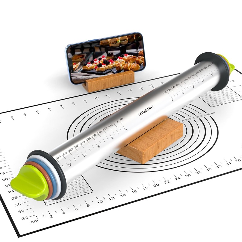 Stainless Steel Rolling Pin with Thickness Rings and Pastry Baking Mat for Ba…