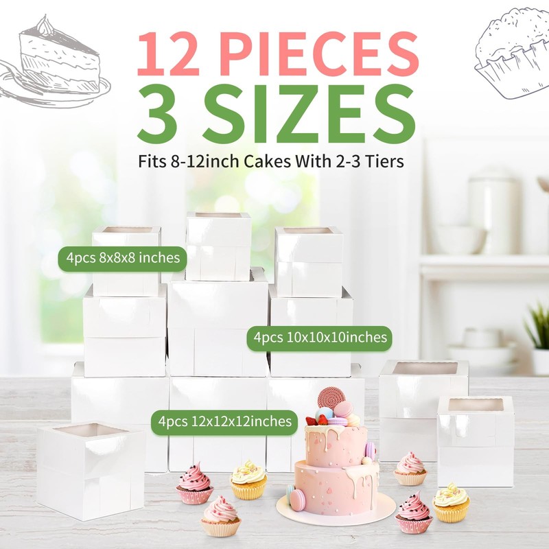 Moretoes 12 Pcs 3 Sizes 12x12x12 10x10x10 8x8x8 Inches Tall Cake Boxes gallery