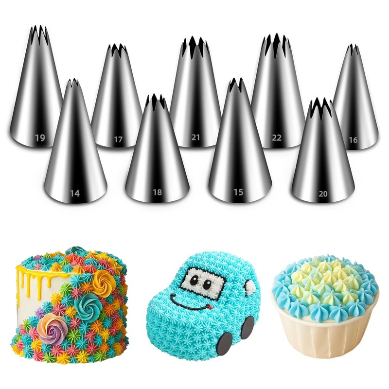 Open Star Piping Tips 9 PCS French Tube Frosting Nozzle Stainless Steel