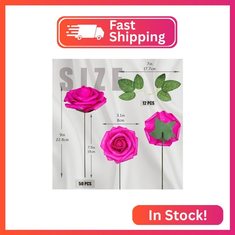 50pcs Hot Pink Artificial Flowers Fuchsia Foam Fake Rose with Stems 12 Leaves Re gallery