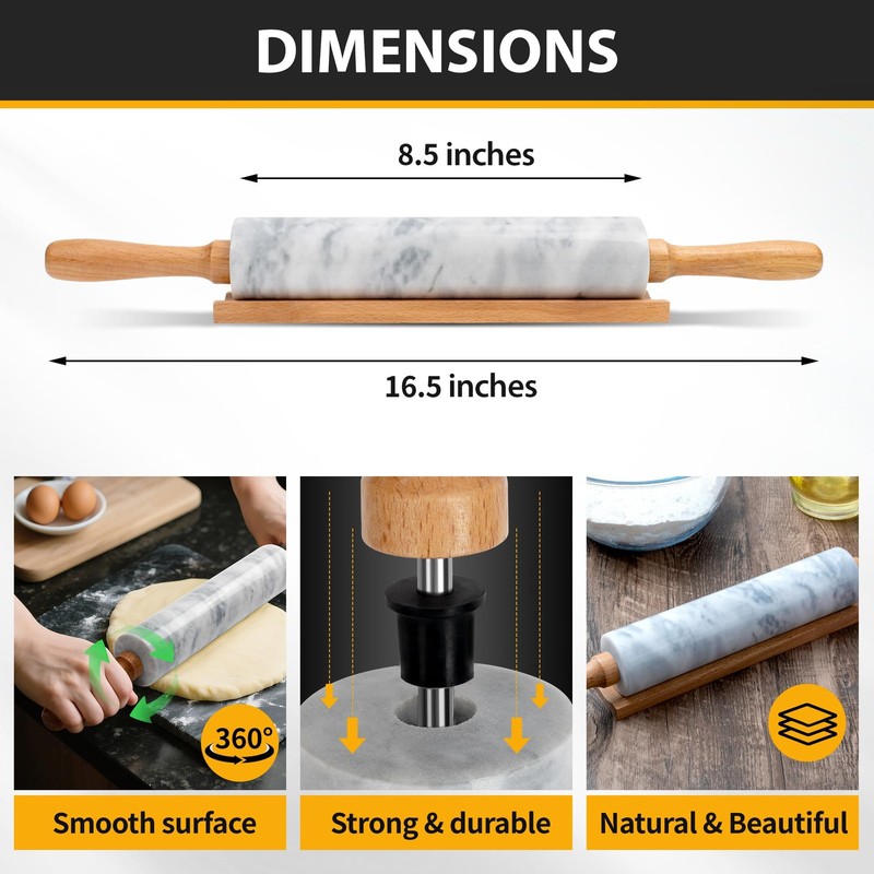 16.7 Inches Marble Rolling Pin for Baking with Wooden Handles & Wooden Cradle... gallery