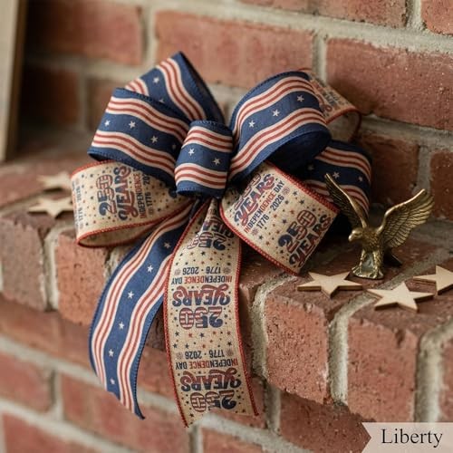 Threetols 2 Rolls 10 Yards 250th Anniversary USA Patriotic Wired Edge linen gallery