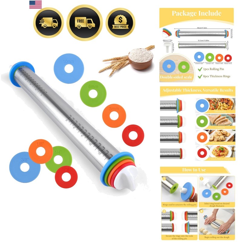 Adjustable Rolling Pin with 4 Thickness Rings for Baking, 17” Stainless Steel…