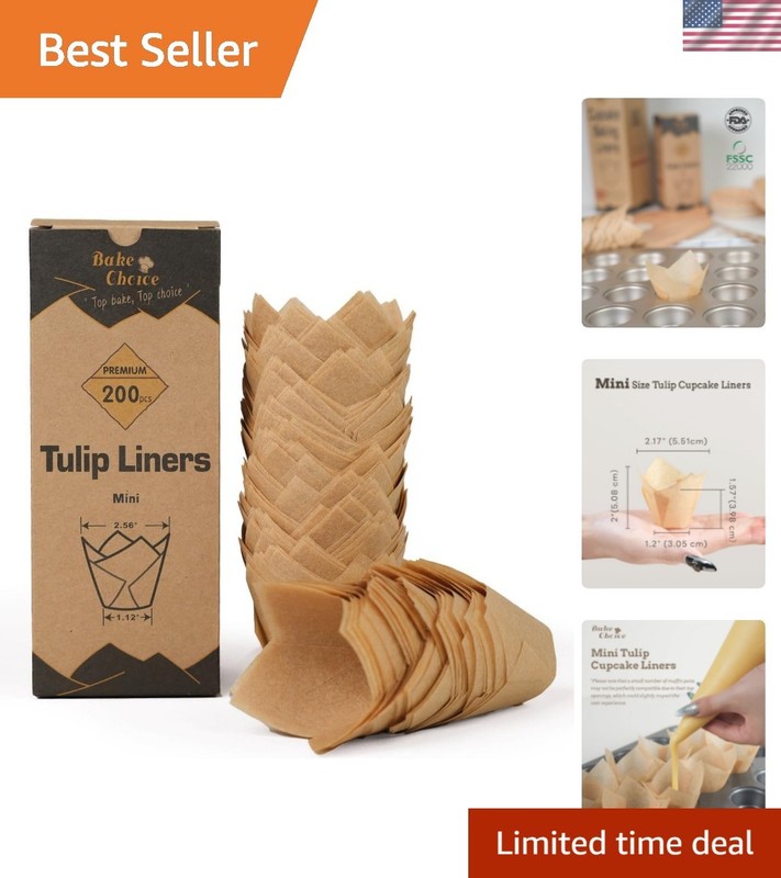 200pcs Natural Mini Tulip Cupcake Liners for Baking Cups, Unbleached, Greasep…