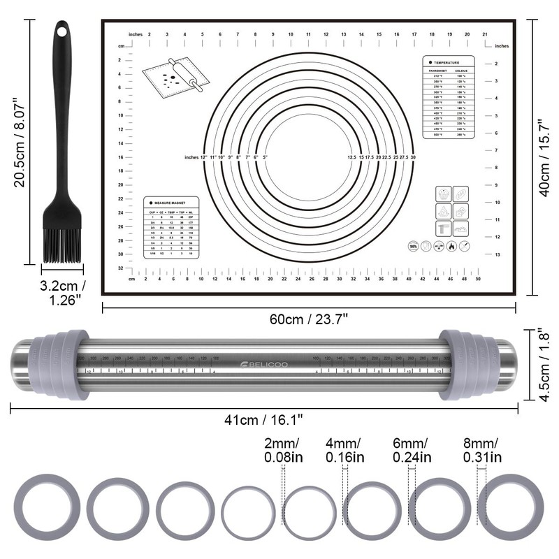 16.1 Inch Stainless Steel Rolling Pin Mat & Silicone Brush Set Grey gallery