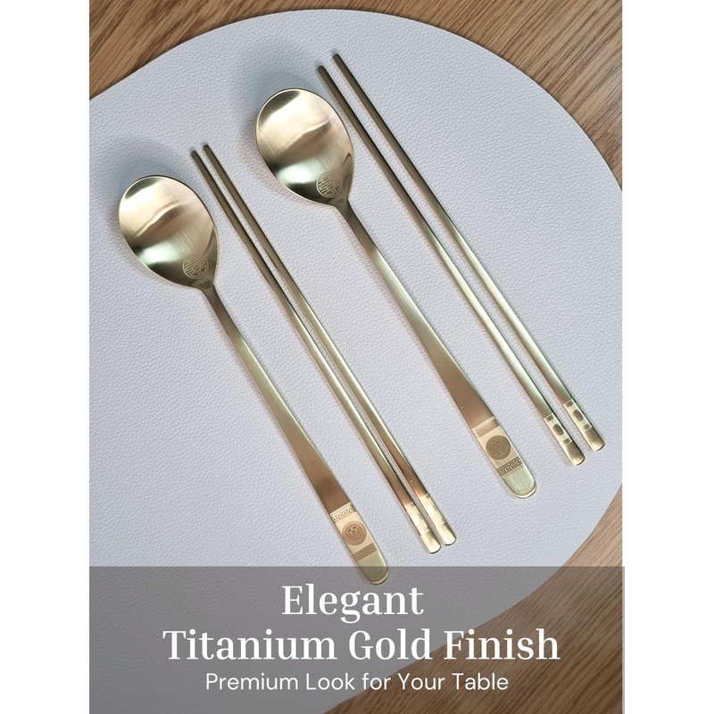 Korean Spoon and Chopstick 2 Set – Premium 18/10 Titanium Gold – Double Happi... gallery