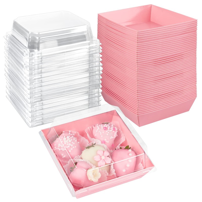 Pink Charcuterie Boxes with Clear Lids 4×4 Inch 100 Pack Square Kraft Bakery