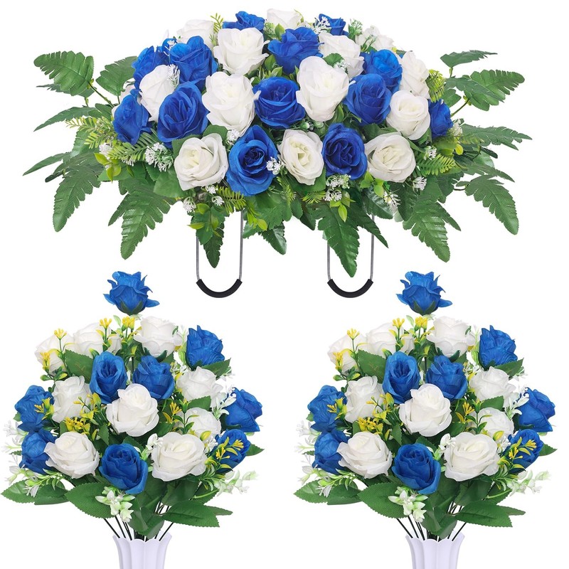 Hibsotco Artificial Cemetery Flower 27(L) * 19(W) * 9(H) inches, Blue White