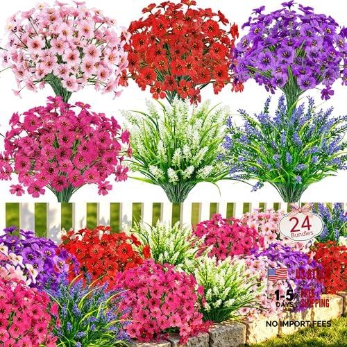 24 Bundles Artificial Flowers for Outdoors Fake Spring Flowers Multi-color a