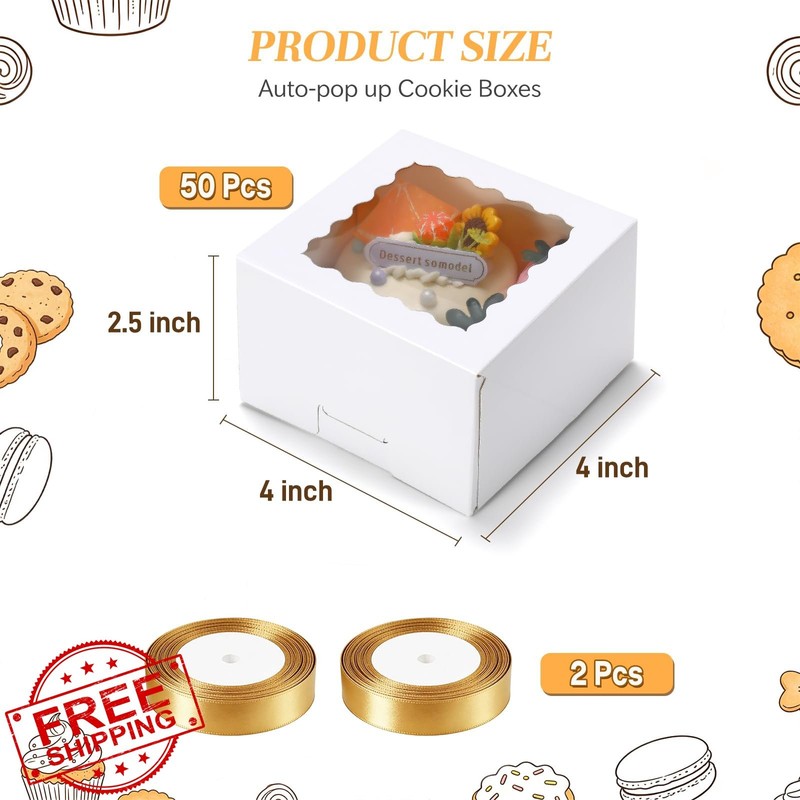 COTOPHER Cookie Box 4x4 White Gold Ribbon 50 Pack Window gallery