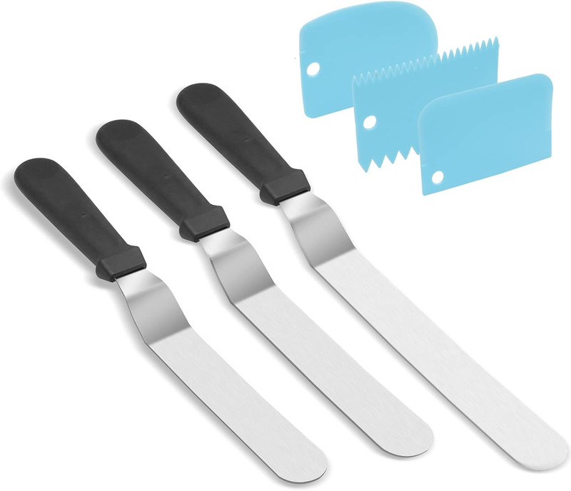 Angled Icing Spatula Set and 3 Packs Cake Scrapers Smoother, Stainless Steel Off
