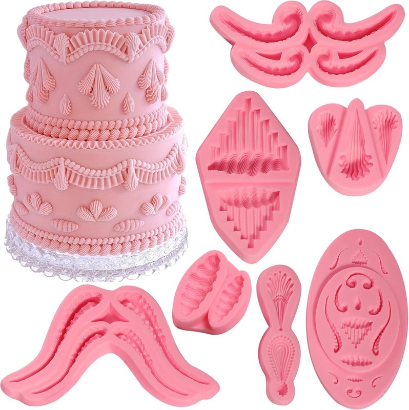 7 Pcs Lace Cake Decoration Fondant Molds, Lambeth Cream Silicone Mold, Pink