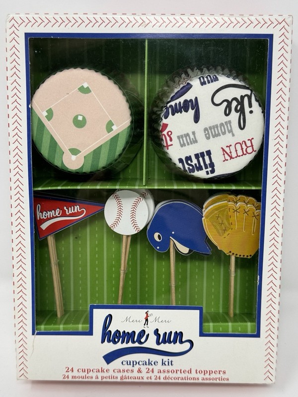 VTG Meri Meri CUPCAKE DECORATIONS KIT Home Run BASEBALL Liners Wrappers Toppers gallery