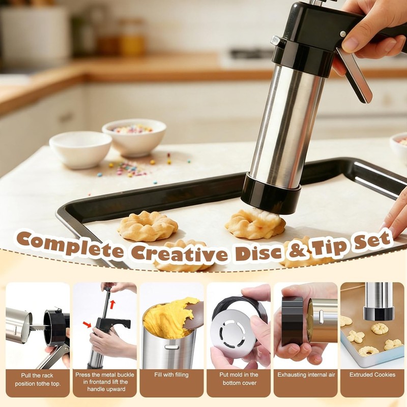 Stainless Steel Cookie Press Gun Kit 13 Discs 8 Icing Tips Baking Decorating gallery