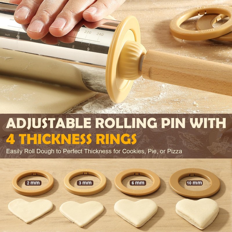 Adjustable Rolling Pin with Thickness Rings 304 Stainless Steel Dough Roller ... gallery