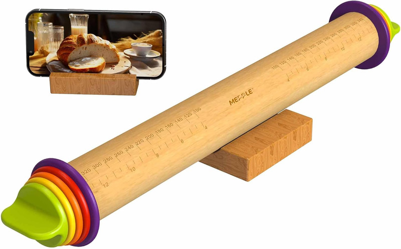 Rolling Pin with Thickness Rings for Baking,Fondant, Pizza, Pie Crust, Cookie, P