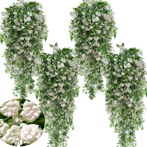 Toprooms Artificial Hanging Flowers UV Resistant Vines Ivy 4 Pcs White-rose gallery