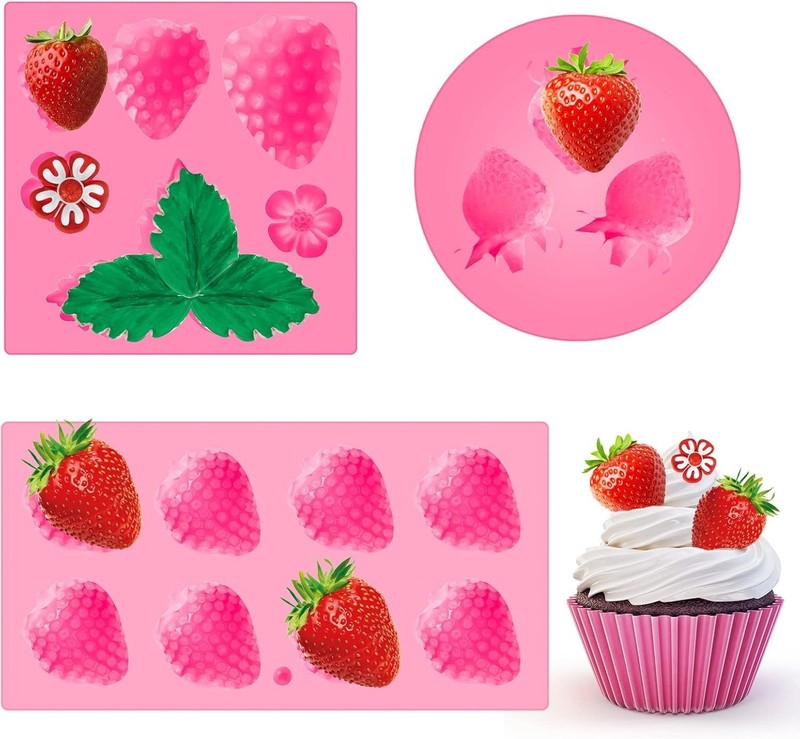 3 Pcs 3D Strawberry and Flowers Silicone Mold Strawberry Baking Mold Fruit Fonda