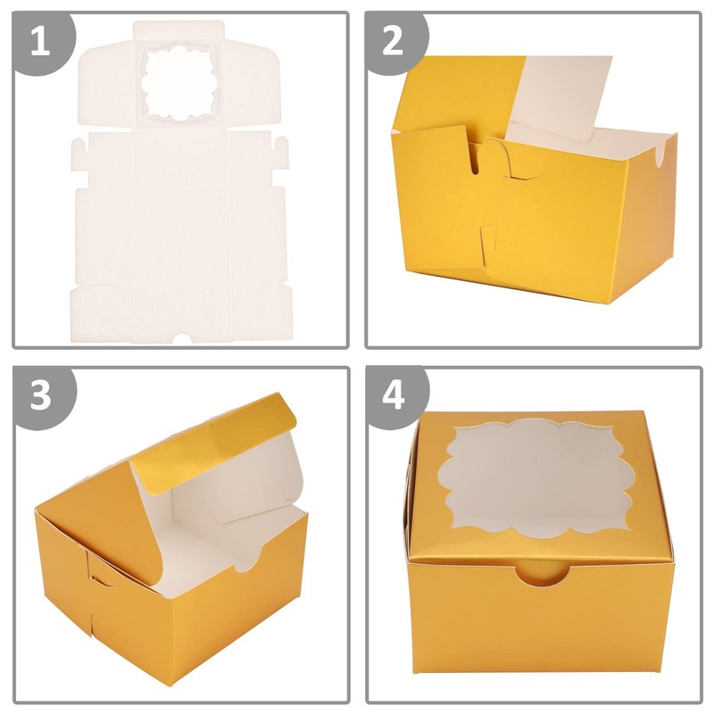 50 PCS Gold Bakery Boxes Clear Window 4x4x2.5 Inch Pastry Dessert Treat Box gallery