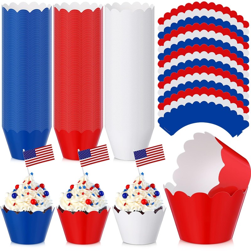 100 Pcs Patriotic Cupcake Liners 4th of July Solid, Red White Blue