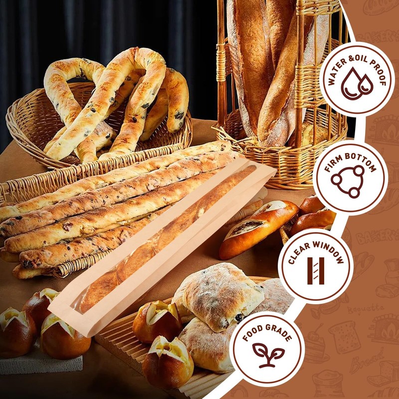 100 Pack Paper Baguette Bread Loaf Packing Bakery Storage Bags with Window fo... gallery