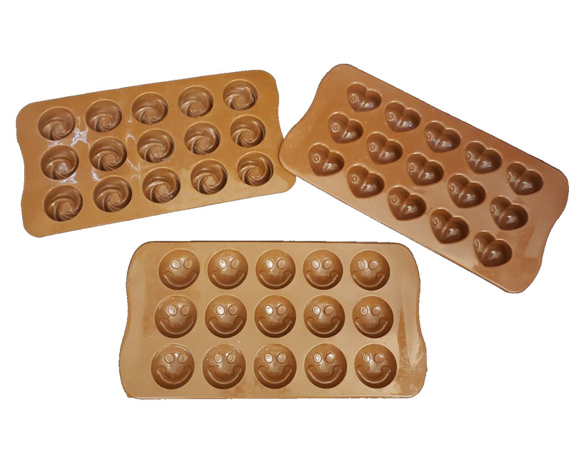 Set of 3 Brown Silicone Candy Chocolate Molds Hearts Flowers Smiley Faces