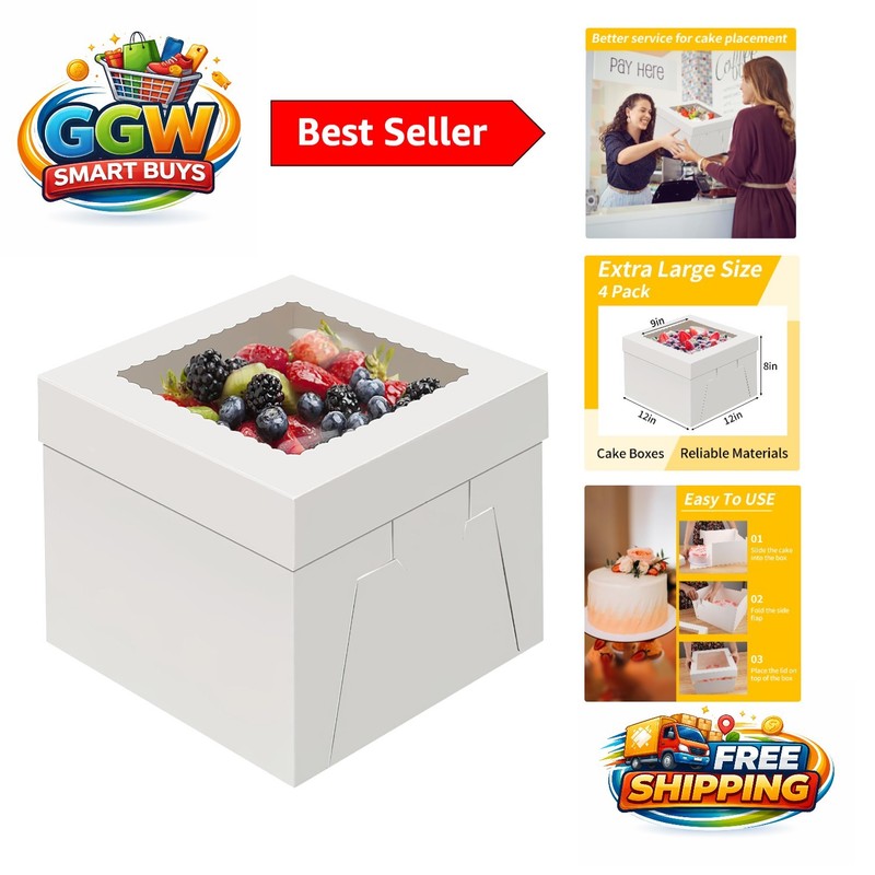 4-Pack Food Grade Cake Boxes 12 Inch with Transparent Window for Easy Display