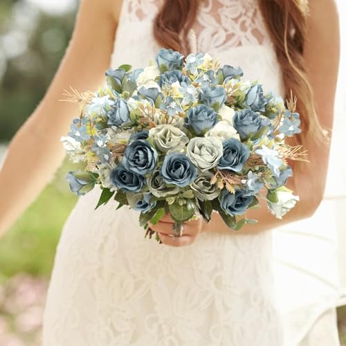 5 Stems 10 Heads Artificial Flowers Small Roses with Leaf Bouquet for Blue gallery