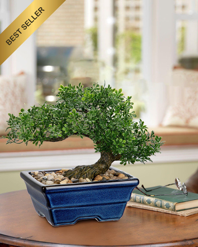 Artificial Bonsai Tree Faux Plant Indoor Decor with Blue Square Ceramic Pot Home gallery