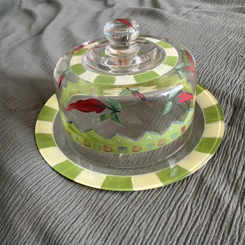 Hand Painted Pepper Green Yellow Glass Dome w/ Cake Plate Home Essentials
