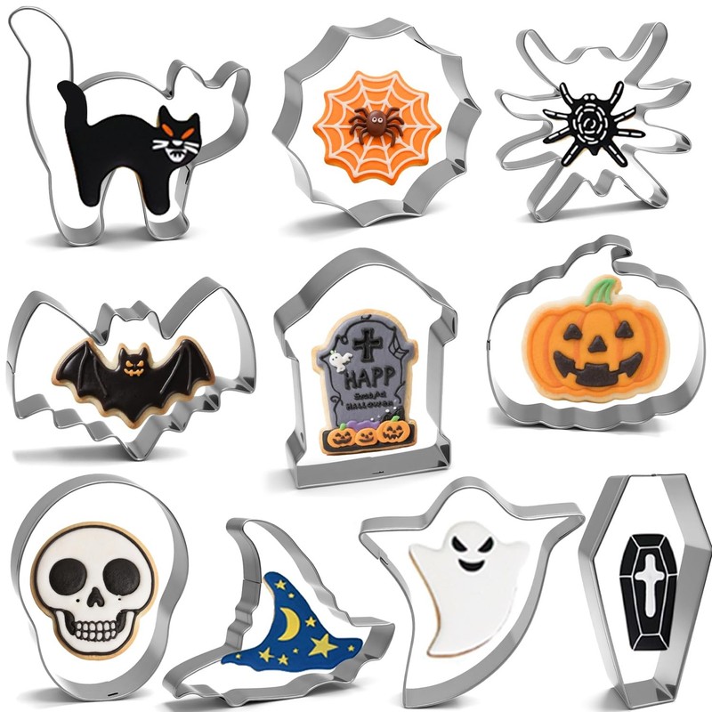 Halloween Cookie Cutters Set 10pcs – Ghost, Bat, Pumpkin, Witch Hat, Cat, Sku…