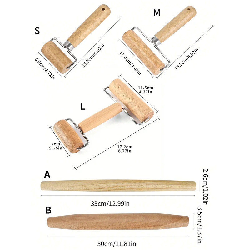 Wood Rolling Pin with Handles Dough Pastry Pizza Pasta Baking Roller Tool gallery