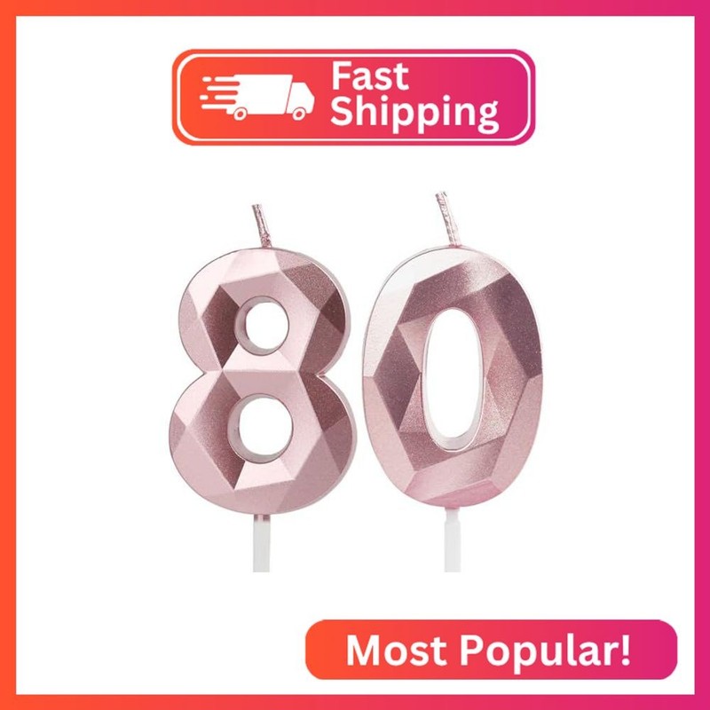 Number 80 Candles, 80th Birthday Candles, Rose Gold Happy Birthday Candle for Ca