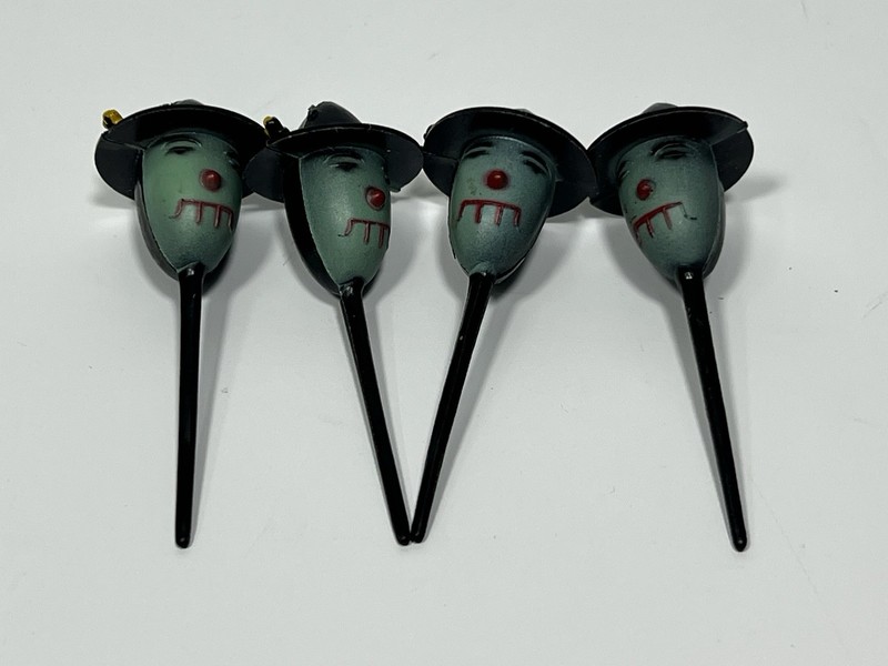 Vintage Lot Of 4 Halloween Black Green Witch Cupcake Cake Picks Toppers Plastic