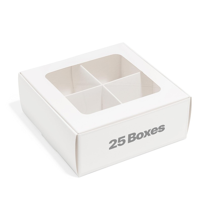 White Mini Cookie Boxes 4 Treats Windows Dividers Bakery 6x6x2.4 Inch 25 PCS